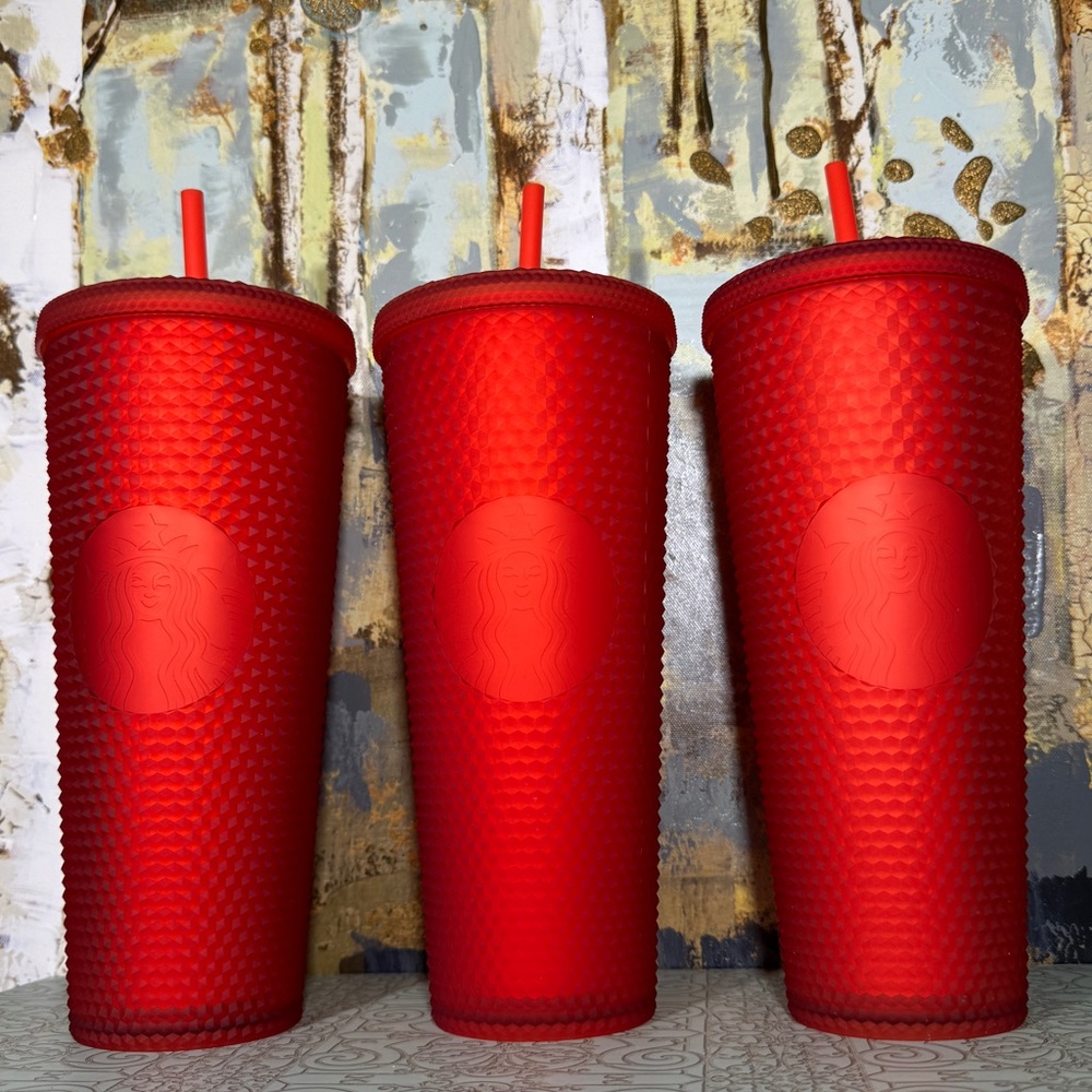Starbucks Coral Red Soft Touch Jelly Studded Bling Tumbler Bundle